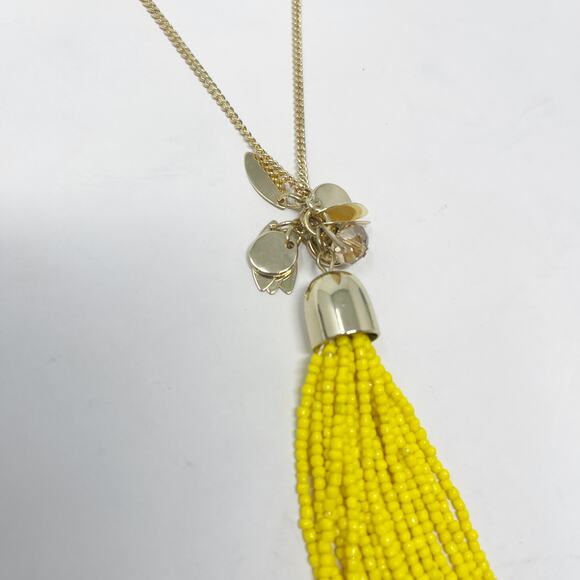Ann Taylor LOFT Gold Tone Yellow Beaded Tassel Long Necklace Leaf Dangle Pendant - Picture 3 of 6